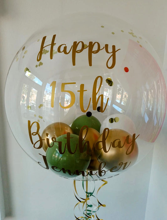 Personalised Gold, Sage, and white bubble balloonn